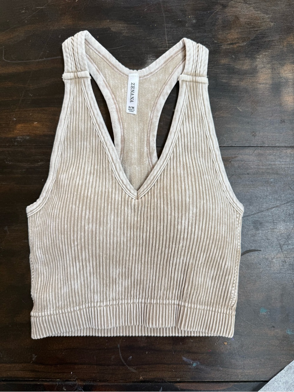 Zenana Outfitters Beige Ribbed V-Neck Racerback Crop Tank